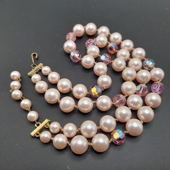 Vintage Pink Faux Pearls Pink Crystals Choker Necklace 1950s - Picture 10 of 11